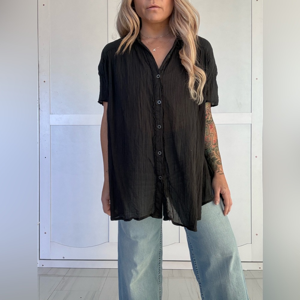 We The Free Cotton Navy Button-Down Shirt